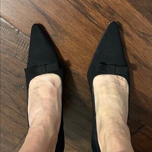 Elegant Black satin dressy heels embellished with a bow